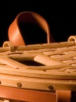 Trout Creel - detail of handle. A fishing creel basket handcrafted of brown ash and leather by Stephen Zeh