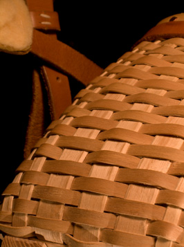 Trout Creel - weaving detail of a fishing creel basket handcrafted of brown ash and leather by Stephen Zeh