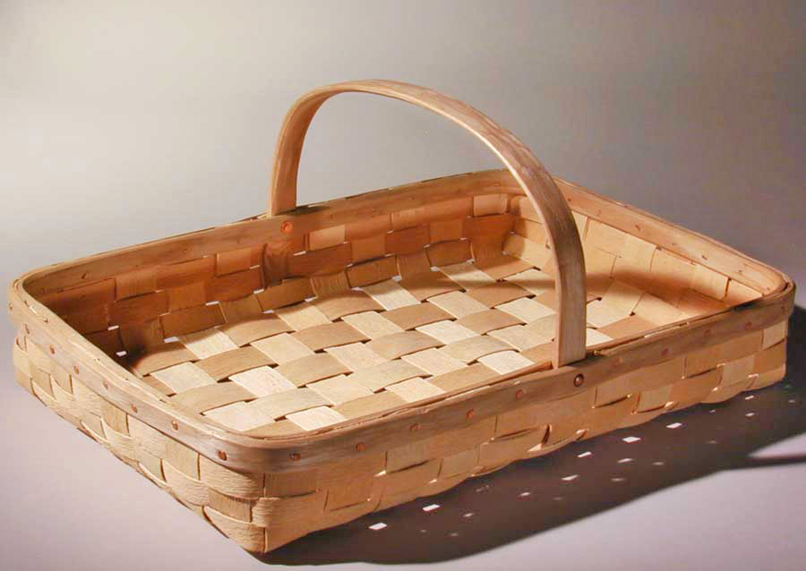 Herb and Flower Tray - shallow rectangular herb and flower basket with natural textured ash splint. The wide rim is fastened with a row of cut copper clench nails. Hand crafted of brown ash by Maine basket maker Stephen Zeh.