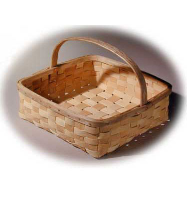 Tomato Basket - this is a square bottom to square top basket. The brown ash splint has the natural texture. The rims are hand split and carved with cut copper clench nails. This basket is hand woven of brown ash (black ash) by Stephen Zeh, Maine basket maker.