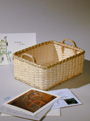 Sweetgrass Note Card Tray with note cards, hand woven of brown or black ash and sweetgrass by Stephen Zeh, basket maker of Temple, Maine.